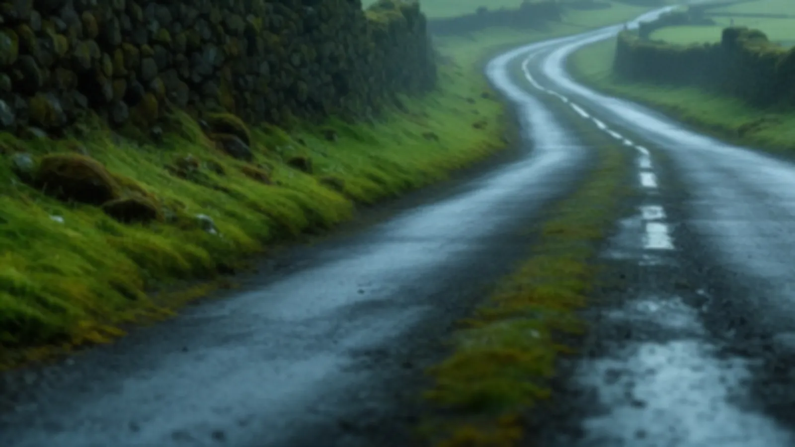An empty storybook lane winding between mossy stone walls and green fields in morning mist, the DriveFable view of simple personal loans, $100 – $5,000